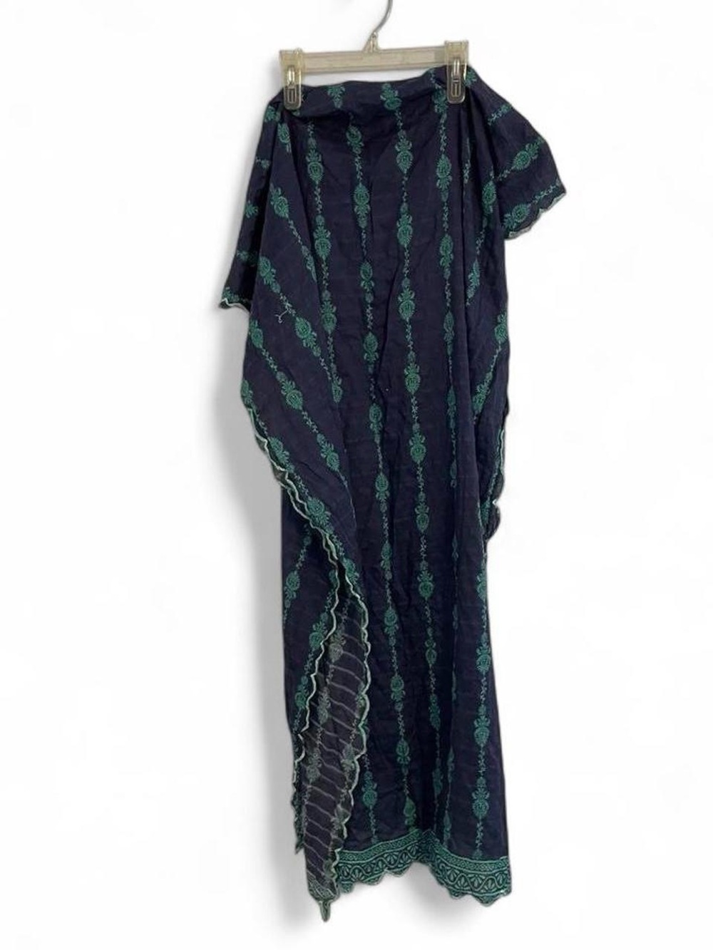 Blue Green Embroidered Printed Lightweight Scarf Scalloped Edge Sheer